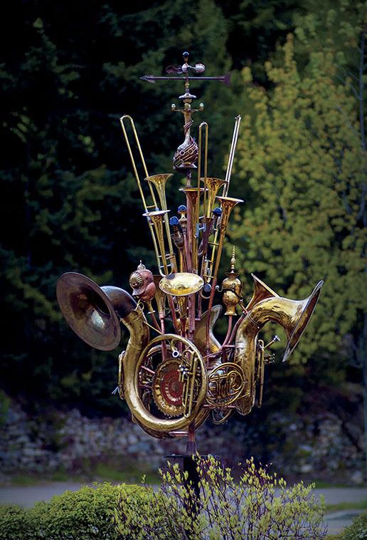 76 Trombones, 2014 Musical instrument sculpture, Nelson, BC This musical instrument wind sculpture was made from upcycled musical instruments, copper and steel tubing and a collection of brass, silver and glass collected objects. It is currently on lease to the city of Nelson.
